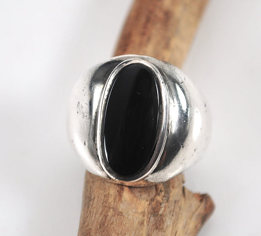 Vintage Heavy Oval Sterling Silver Black Onyx Ring