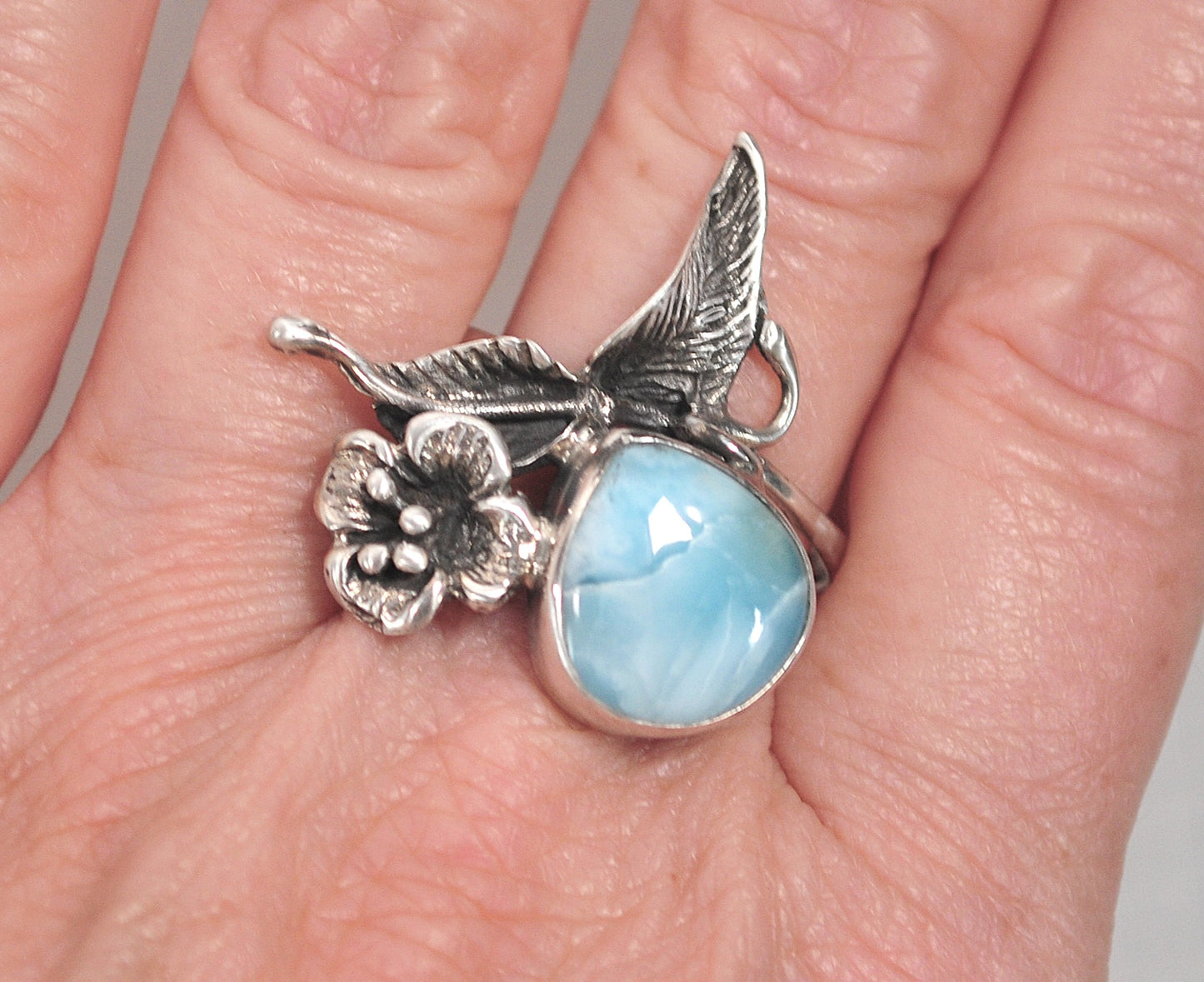 Vintage Sterling Silver Larimar Flower Ring