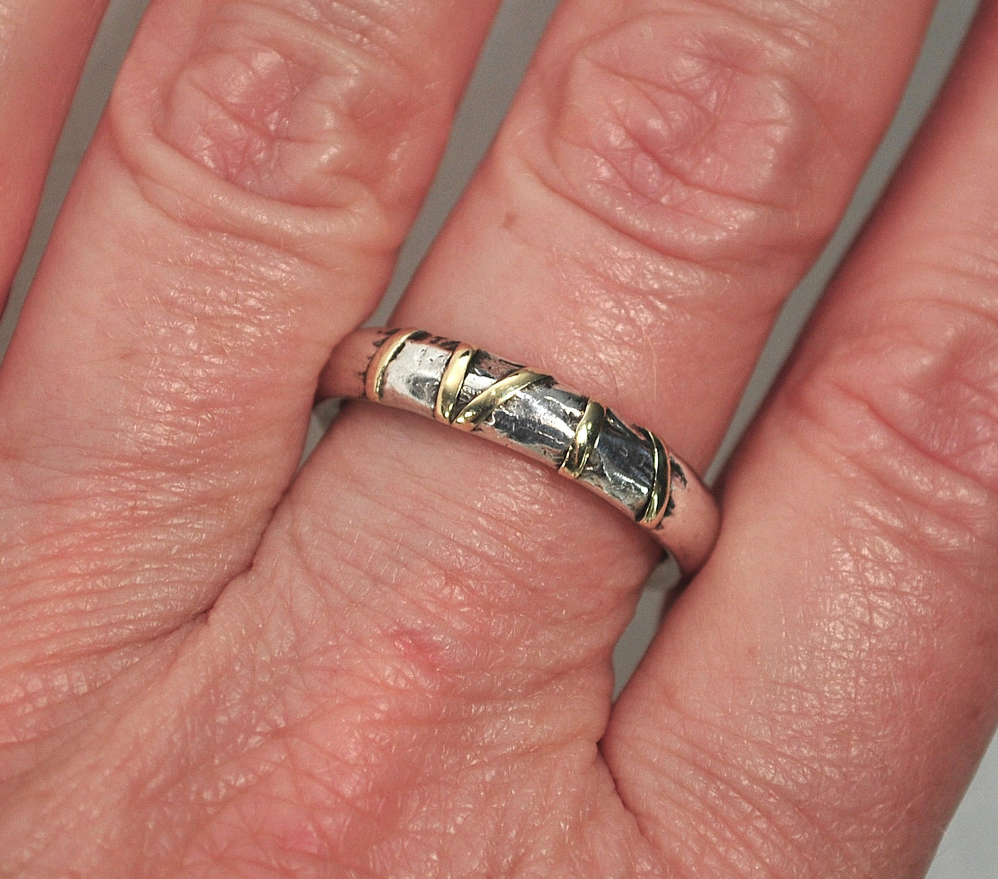 Vintage Signed Sterling Silver 14K Gold Band Ring