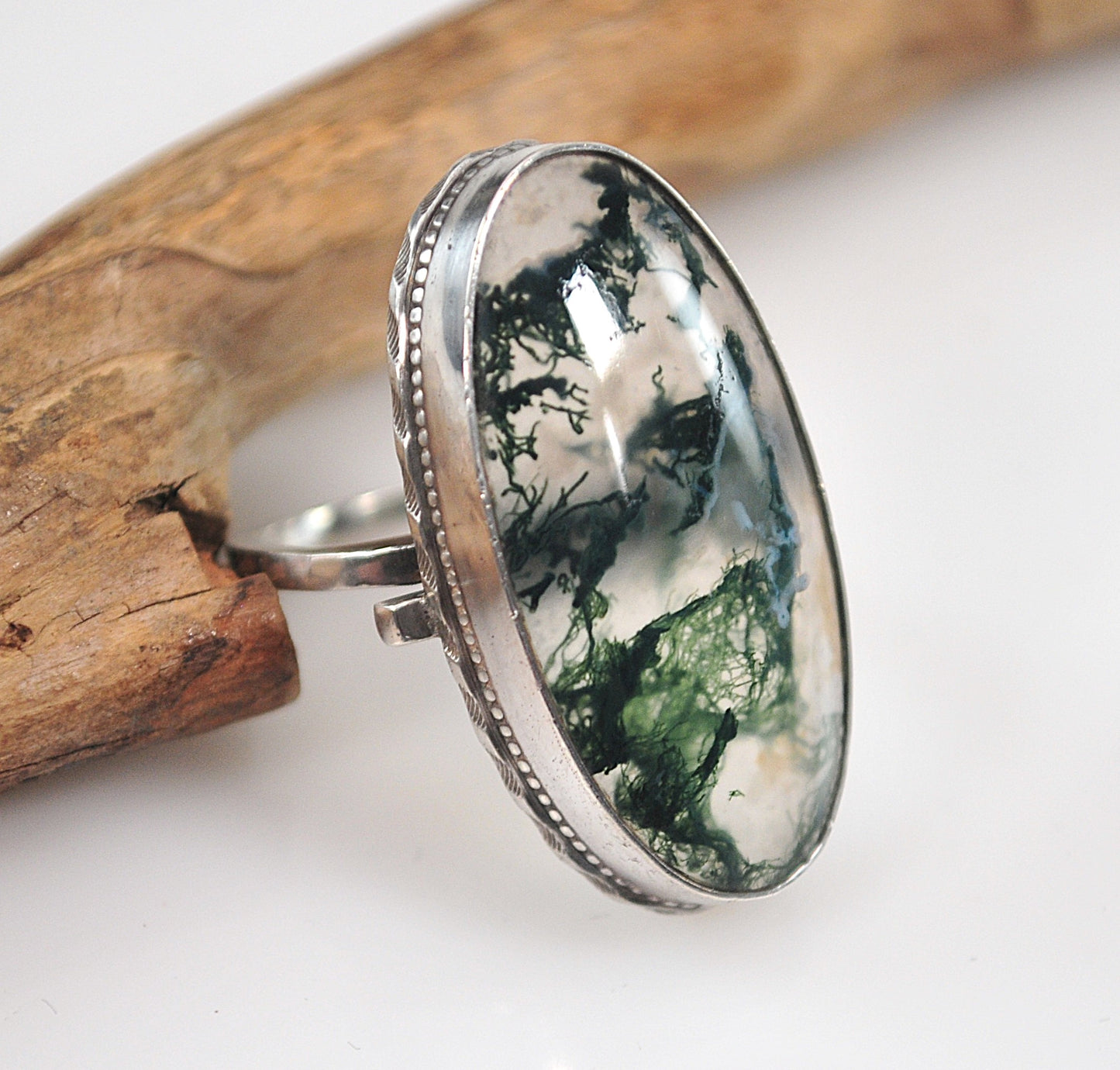 Vintage Sterling Silver Moss Agate Ring