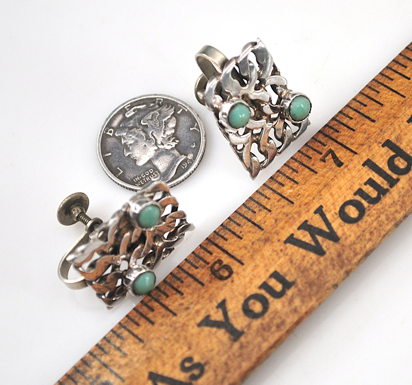 Vintage Sterling Silver Green Turquoise Screw Back Earrings