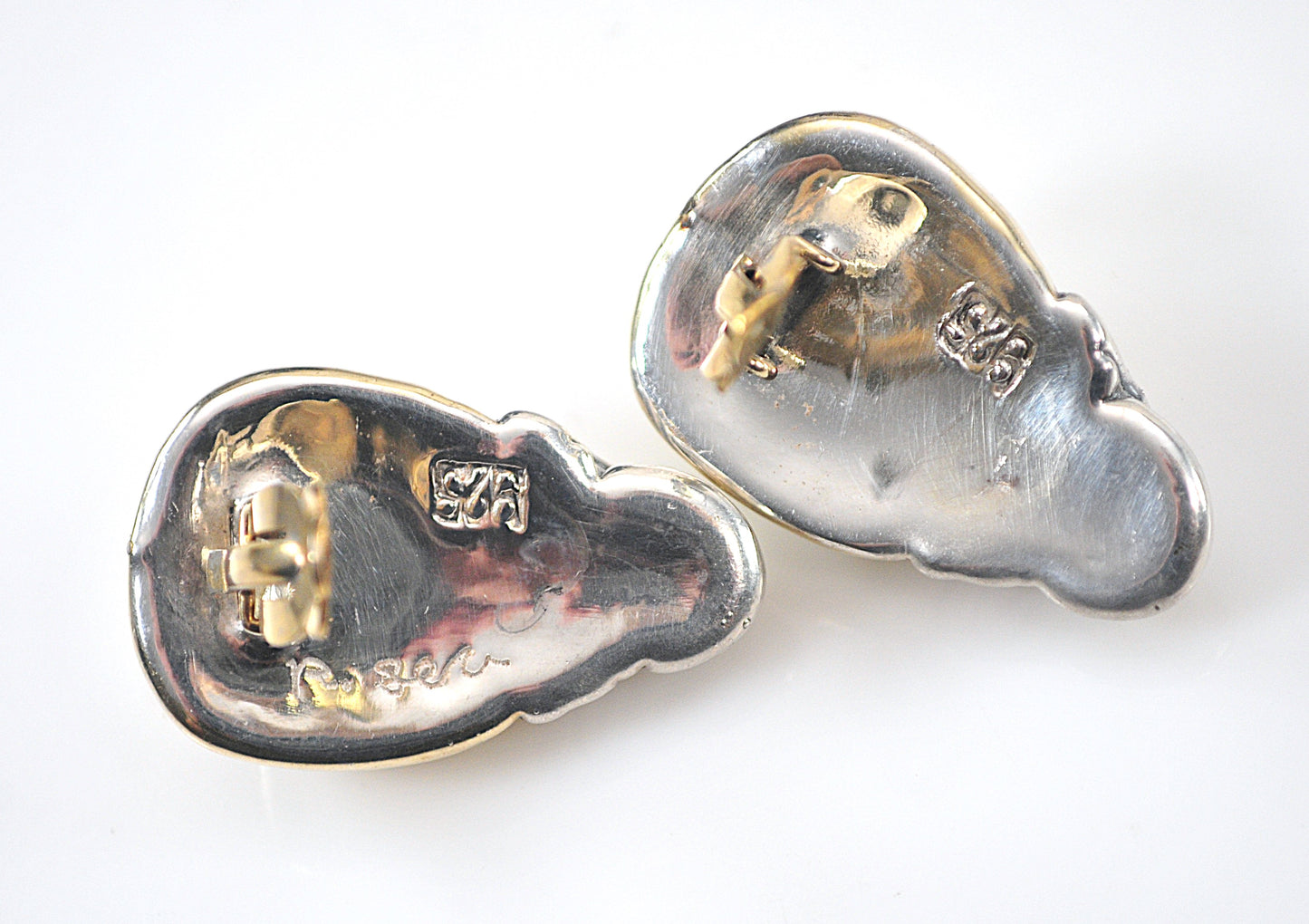 Large Signed Sterling Silver Two Tone Electroform Clip-On Earrings