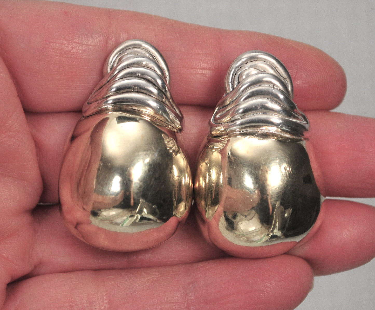 Large Signed Sterling Silver Two Tone Electroform Clip-On Earrings