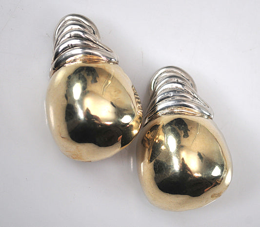 Large Signed Sterling Silver Two Tone Electroform Clip-On Earrings
