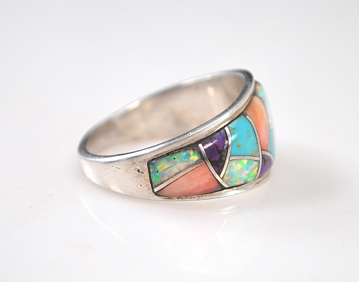 Wide Sterling Silver Geometric Inlay Band Ring