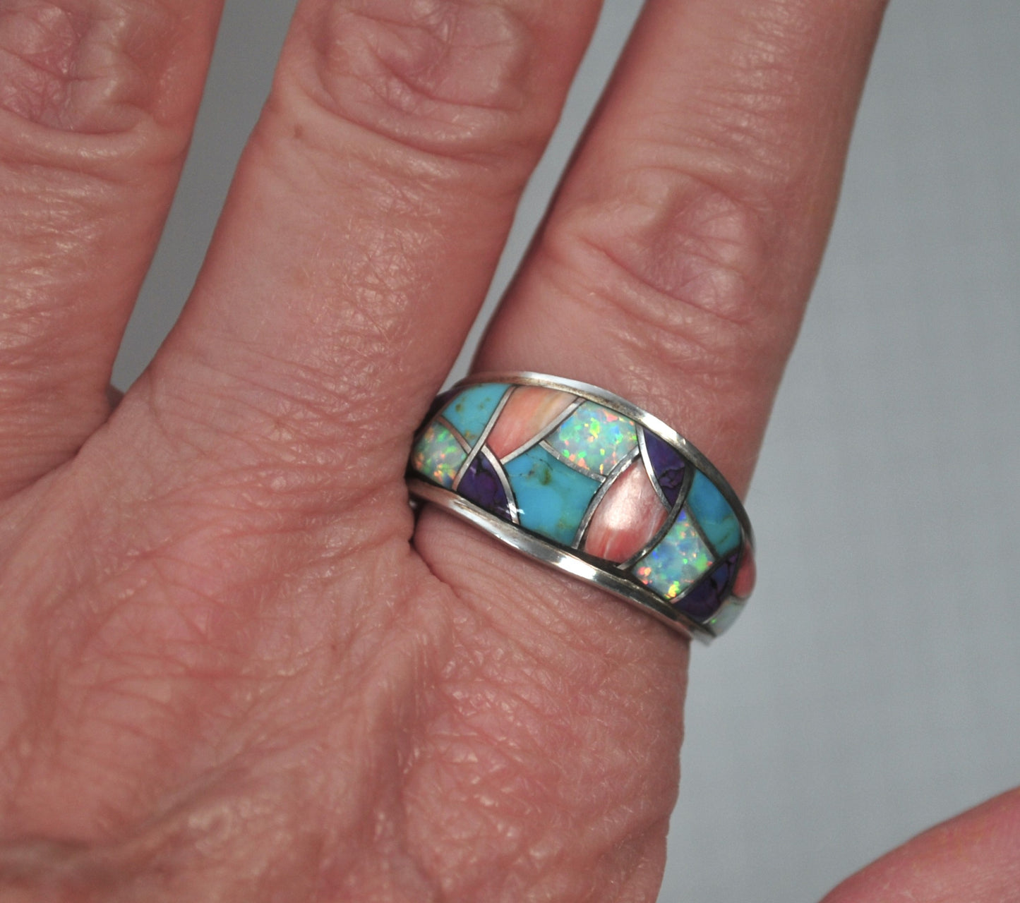 Wide Sterling Silver Geometric Inlay Band Ring