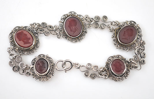 Vintage 800 Silver Carnelian Intaglio Bracelet