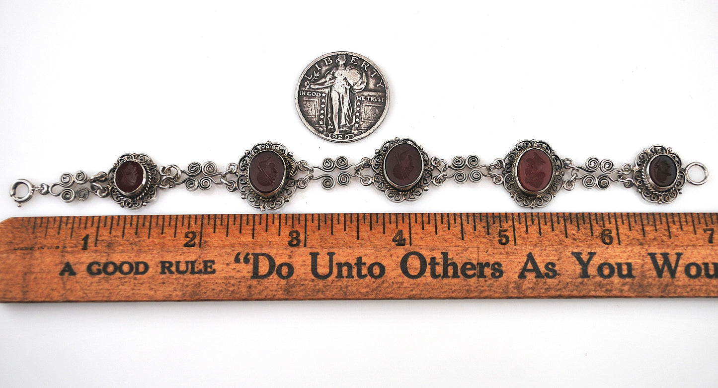 Vintage 800 Silver Carnelian Intaglio Bracelet