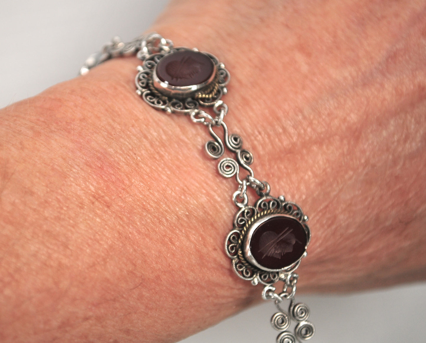 Vintage 800 Silver Carnelian Intaglio Bracelet