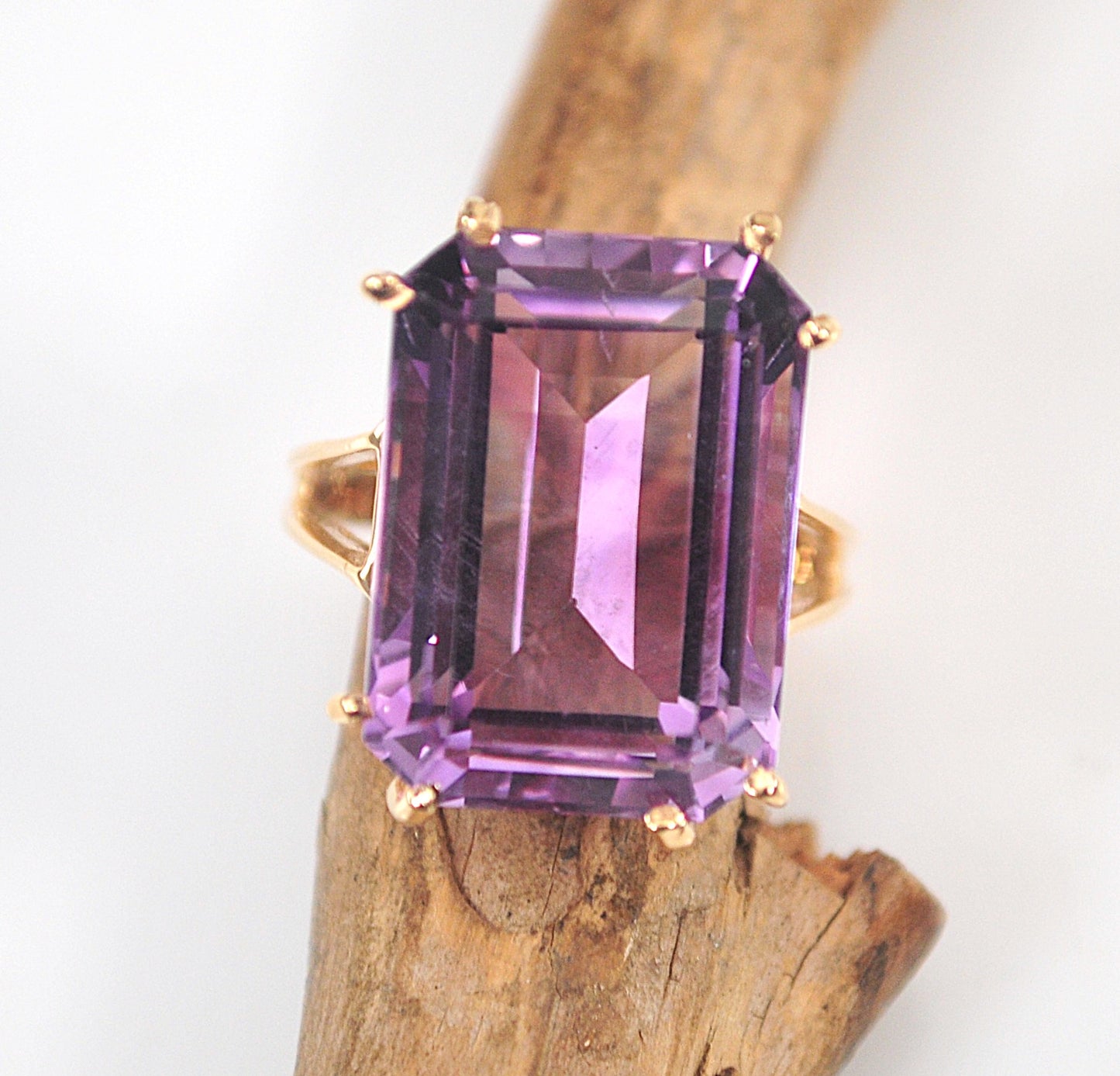 Huge Estate 14K Gold Emerald Cut Amethyst Ring