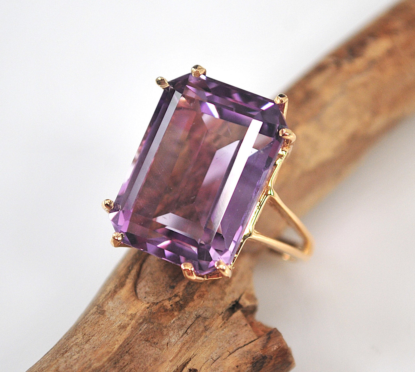 Huge Estate 14K Gold Emerald Cut Amethyst Ring