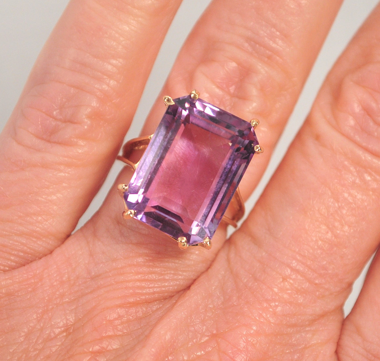 Huge Estate 14K Gold Emerald Cut Amethyst Ring
