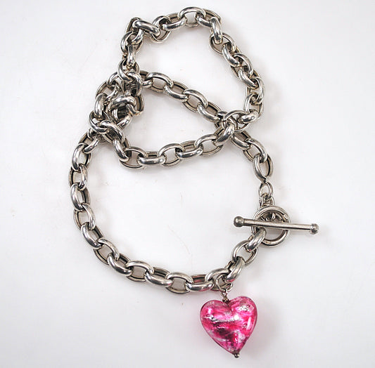 925 Italy Sterling Silver Murano Glass Heart Toggle Choker Necklace