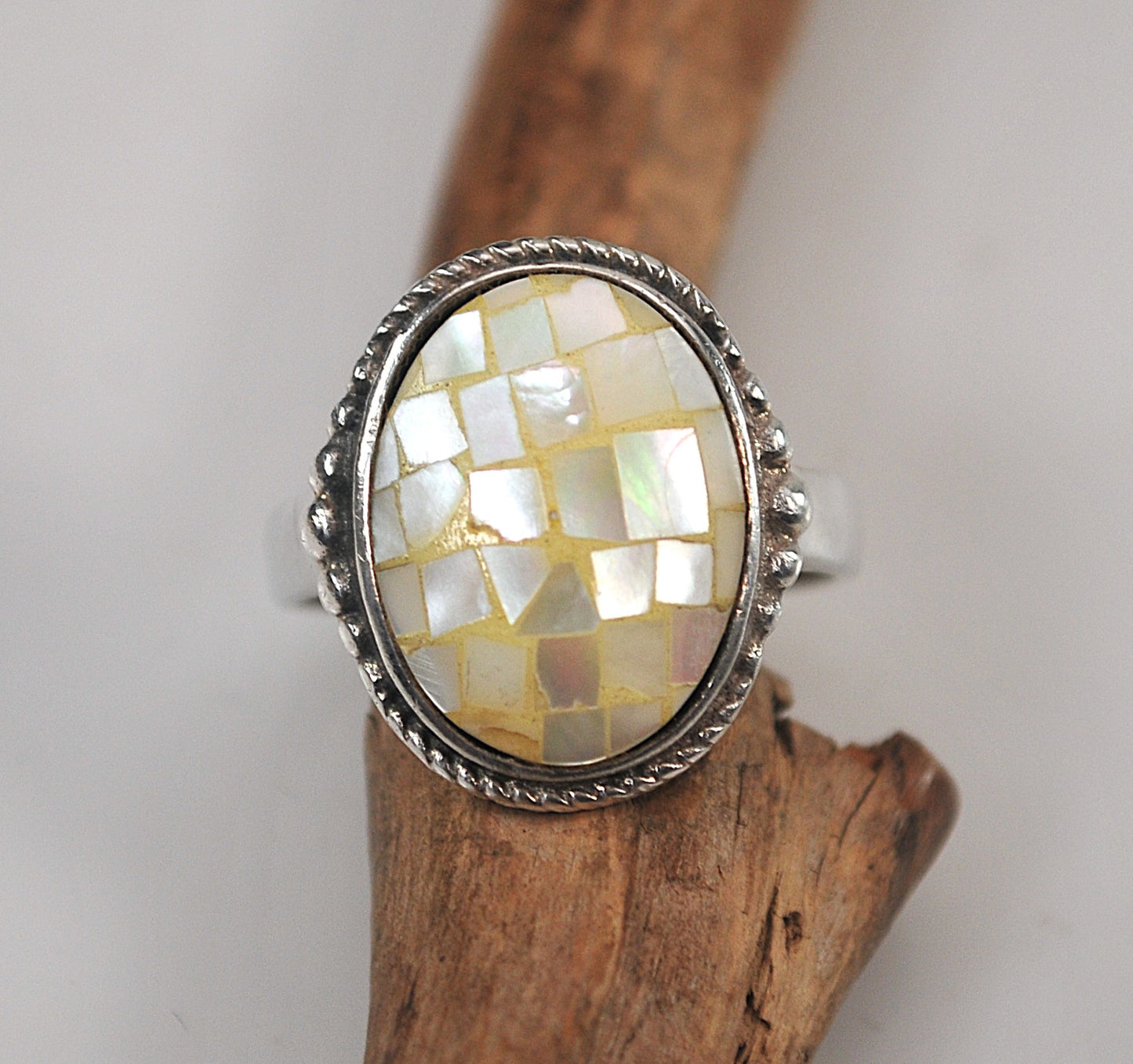 Signed Sterling Silver Mother of Pearl Mosaic Inlay Ring