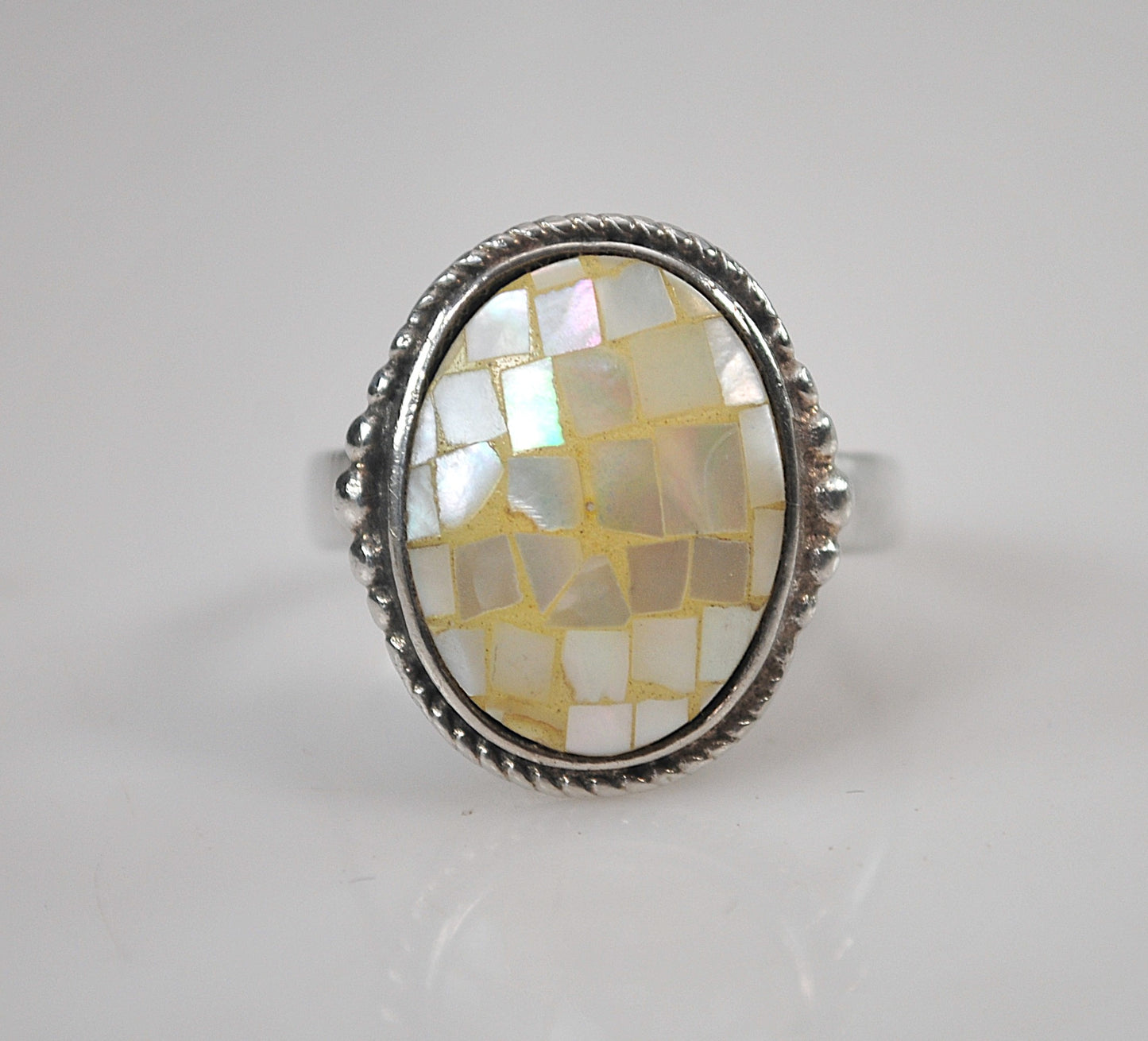Signed Sterling Silver Mother of Pearl Mosaic Inlay Ring