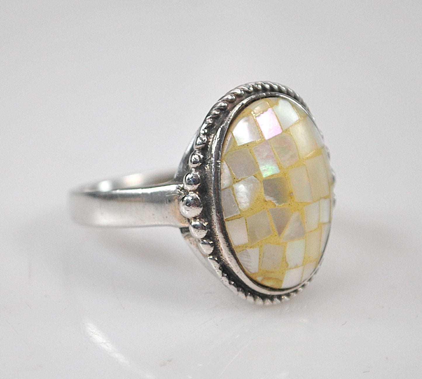Signed Sterling Silver Mother of Pearl Mosaic Inlay Ring
