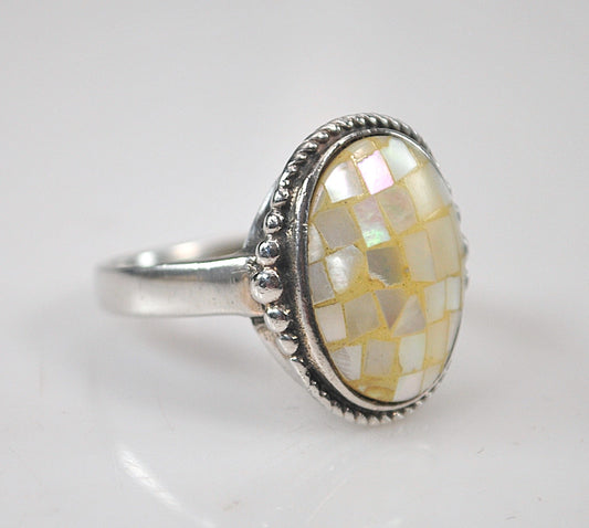 Signed Sterling Silver Mother of Pearl Mosaic Inlay Ring