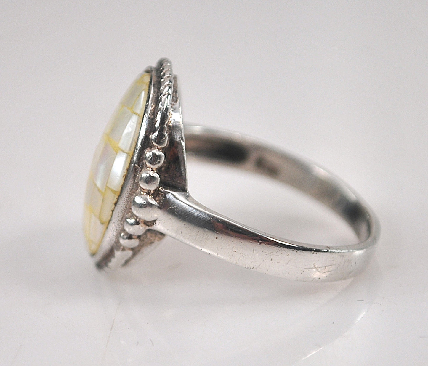 Signed Sterling Silver Mother of Pearl Mosaic Inlay Ring