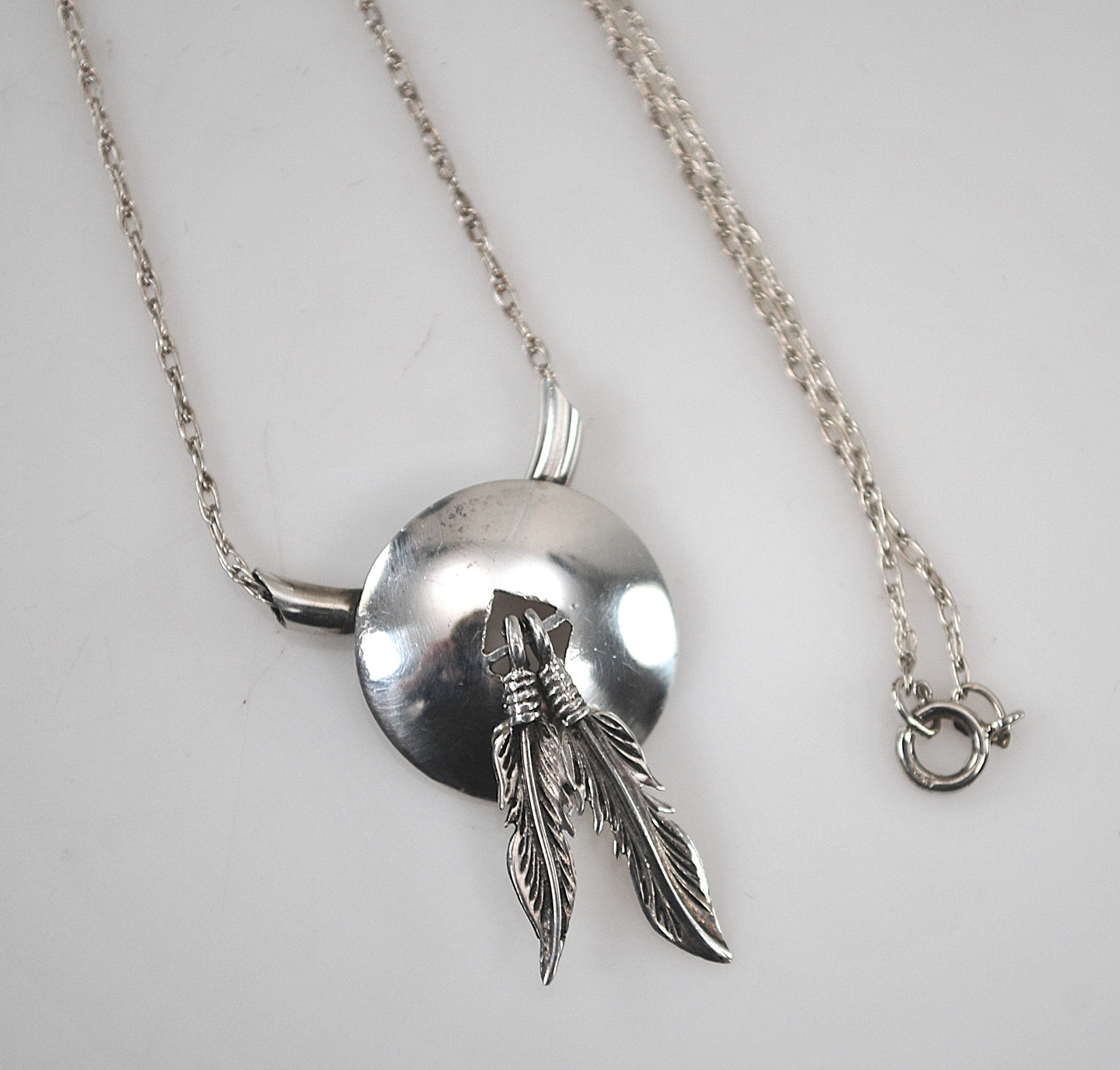 Native American Sterling Silver Concho Feather Slider Necklace