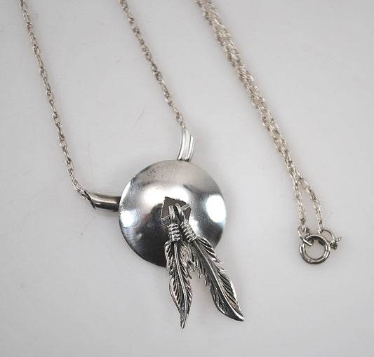 Native American Sterling Silver Concho Feather Slider Necklace