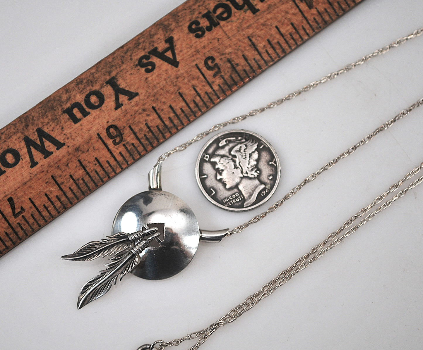 Native American Sterling Silver Concho Feather Slider Necklace