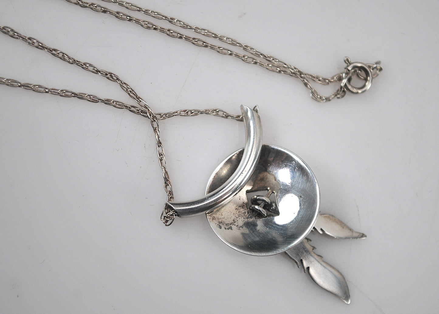 Native American Sterling Silver Concho Feather Slider Necklace