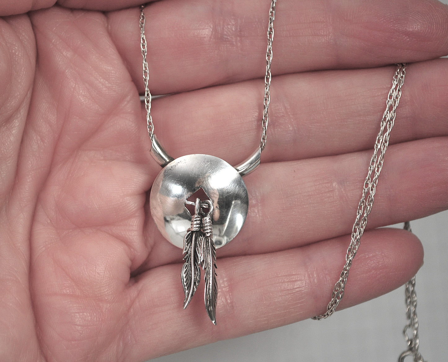 Native American Sterling Silver Concho Feather Slider Necklace