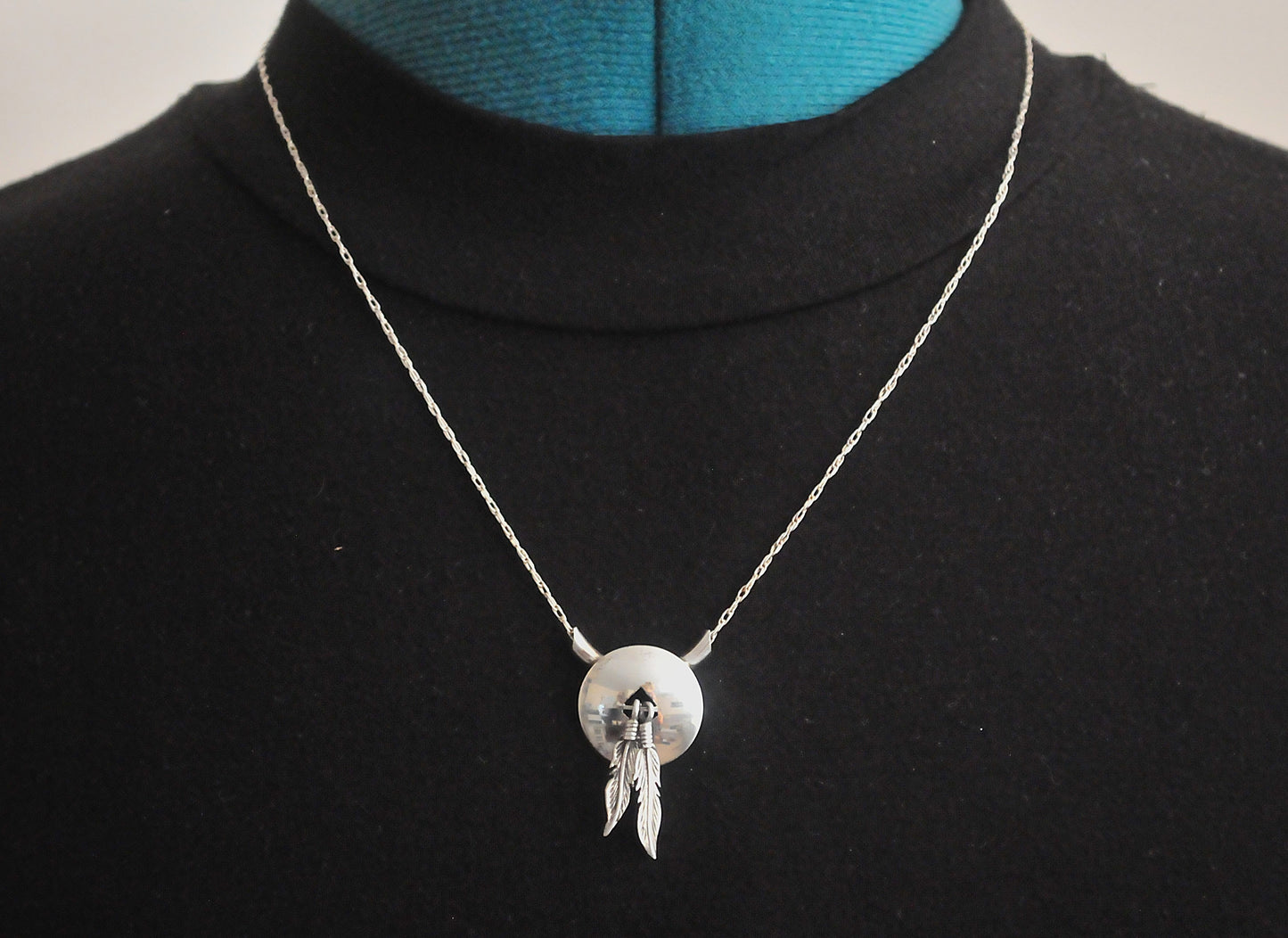 Native American Sterling Silver Concho Feather Slider Necklace