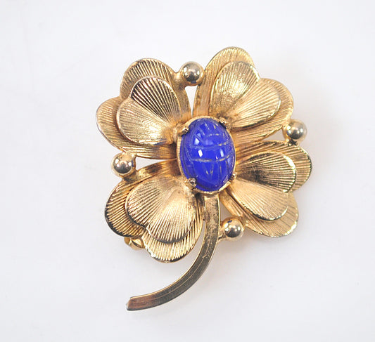 Small Vintage Signed Gold Filled Scarab Flower Brooch