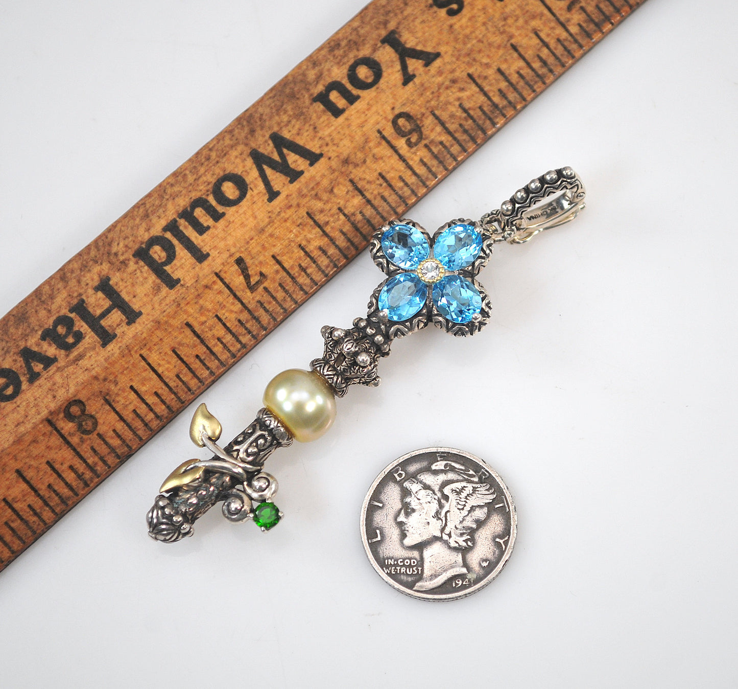 Barbara Bixby Sterling Silver 18K Gold Blue Topaz Pearl Key Enhancer Pendant