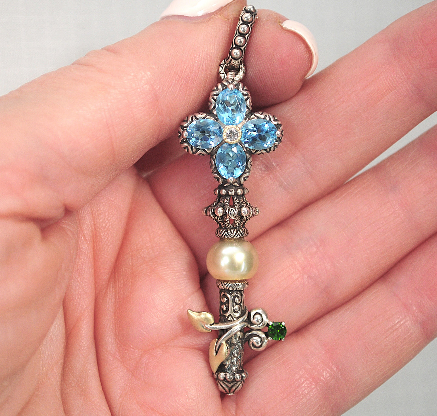 Barbara Bixby Sterling Silver 18K Gold Blue Topaz Pearl Key Enhancer Pendant