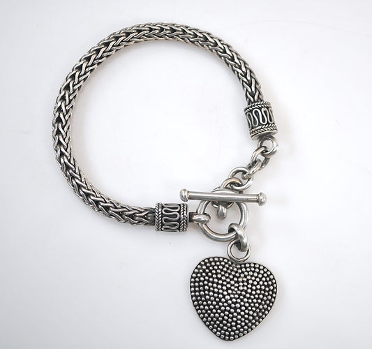 Signed Sterling Silver Heart Tag Wheat Bracelet