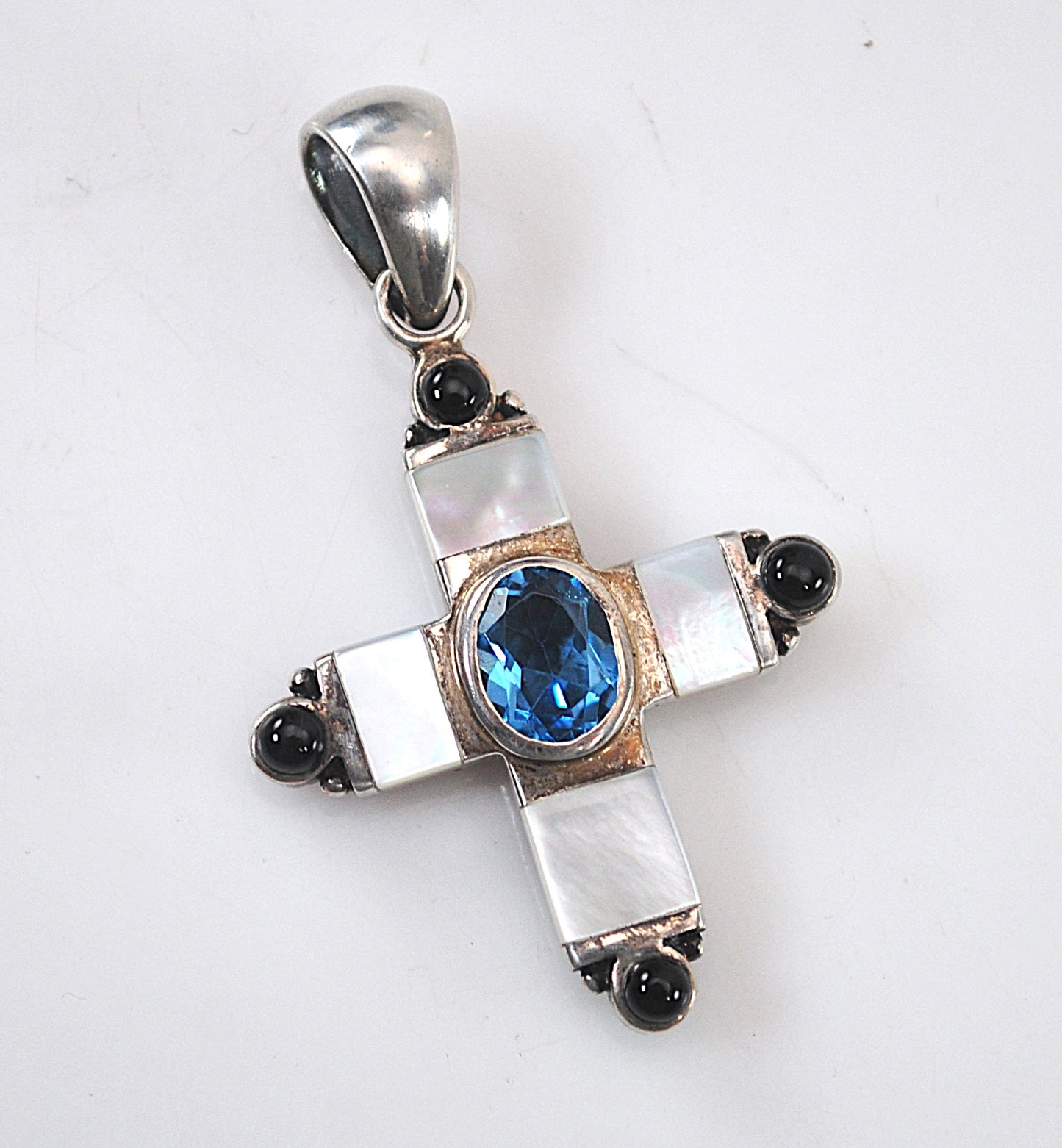 Sterling Silver Blue Topaz Mother of Pearl Reversible Cross Pendant