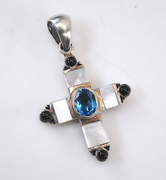 Sterling Silver Blue Topaz Mother of Pearl Reversible Cross Pendant