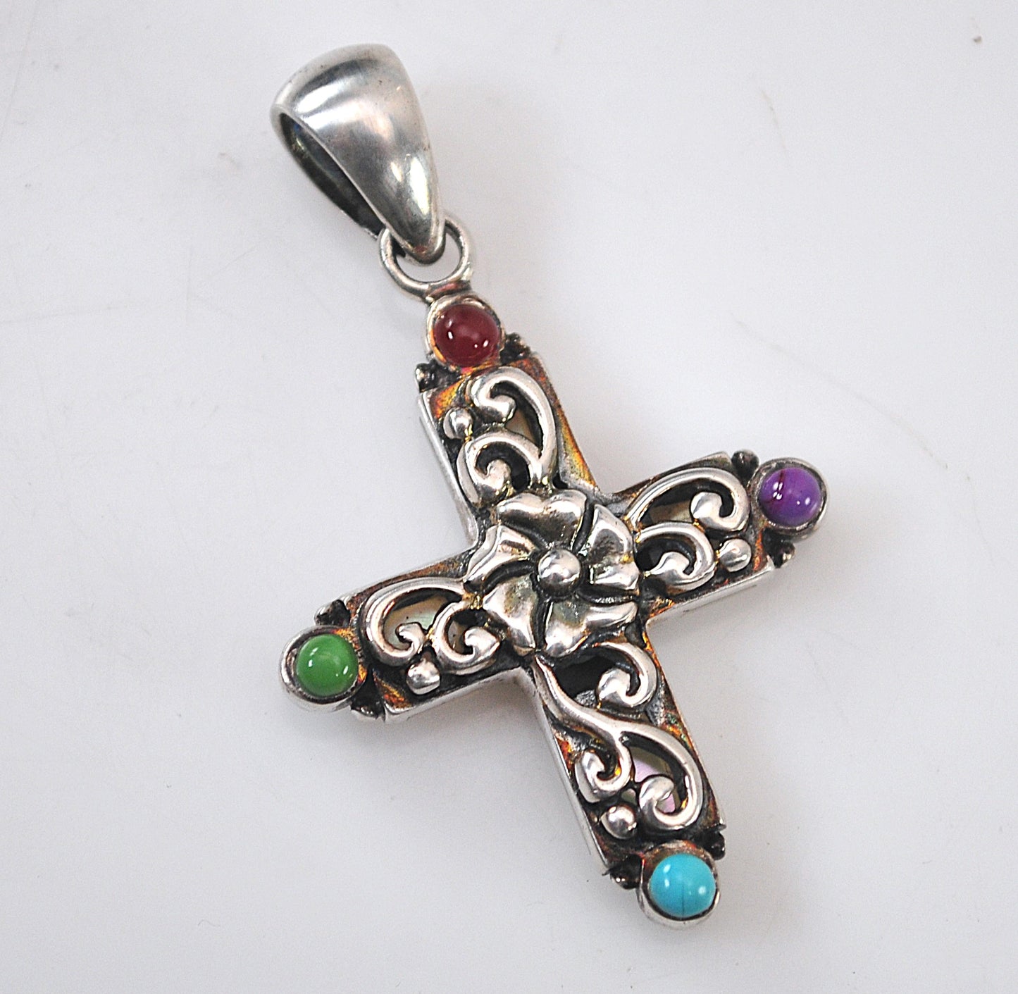 Sterling Silver Blue Topaz Mother of Pearl Reversible Cross Pendant