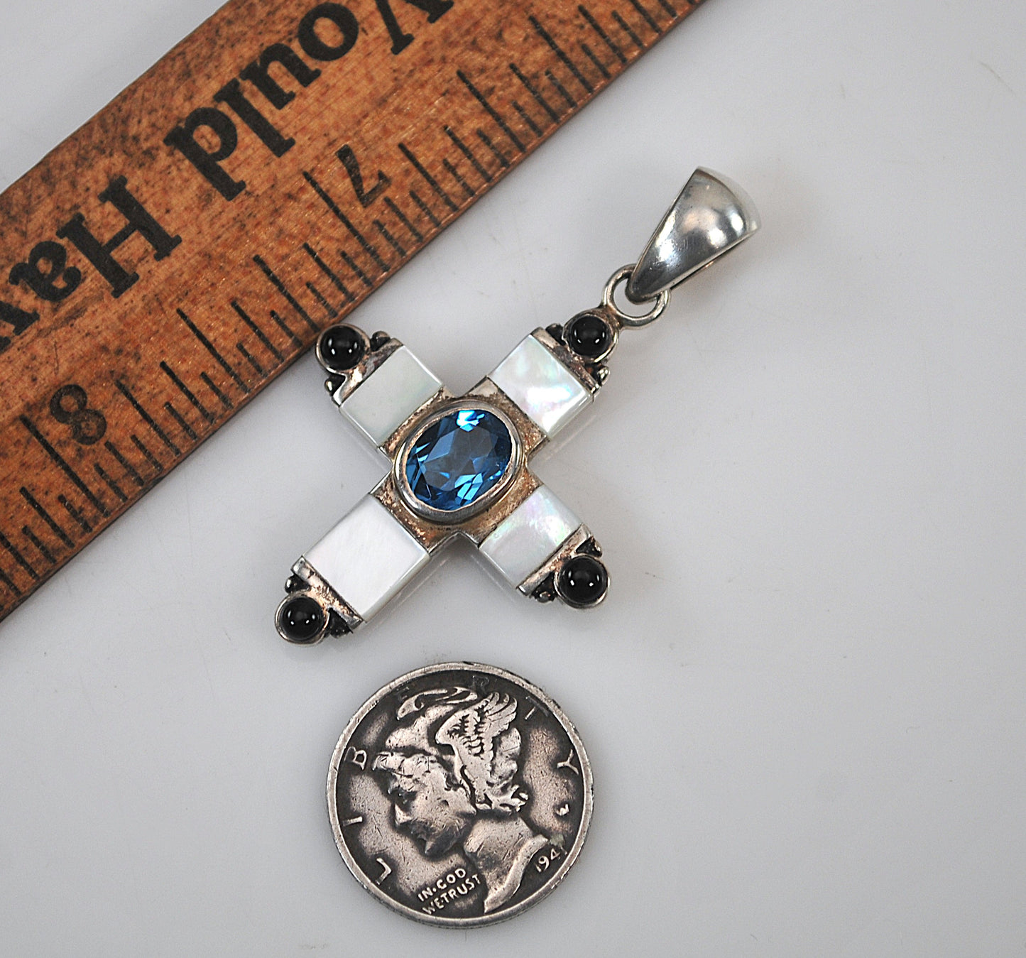 Sterling Silver Blue Topaz Mother of Pearl Reversible Cross Pendant