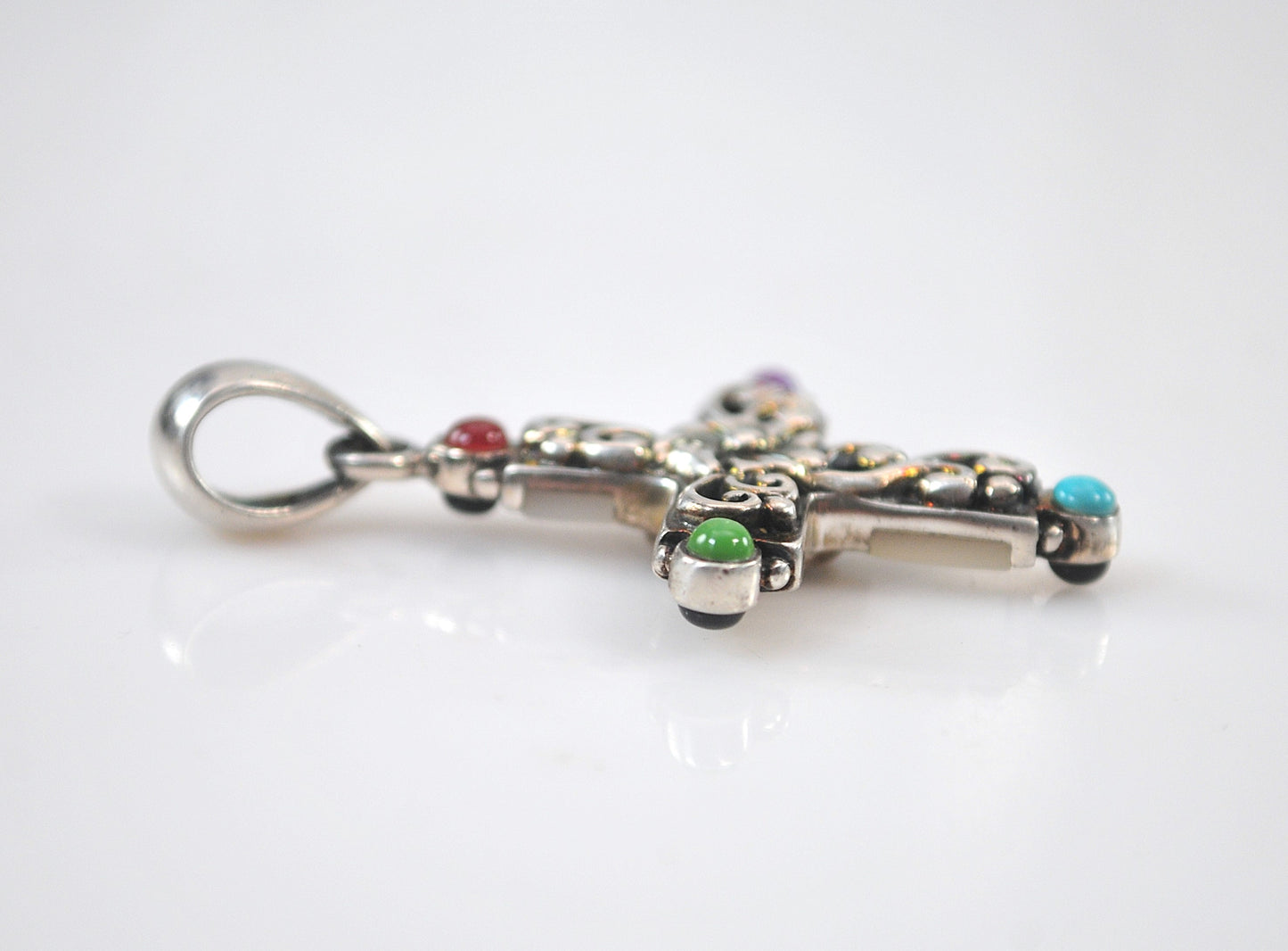 Sterling Silver Blue Topaz Mother of Pearl Reversible Cross Pendant