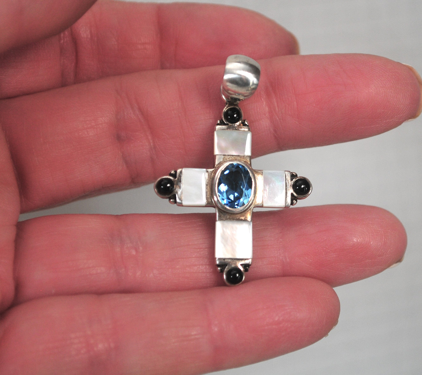 Sterling Silver Blue Topaz Mother of Pearl Reversible Cross Pendant