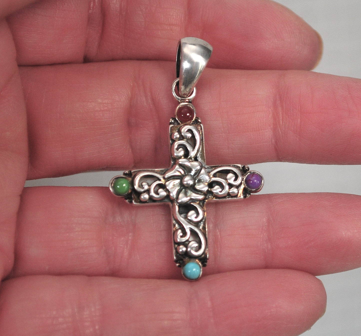 Sterling Silver Blue Topaz Mother of Pearl Reversible Cross Pendant