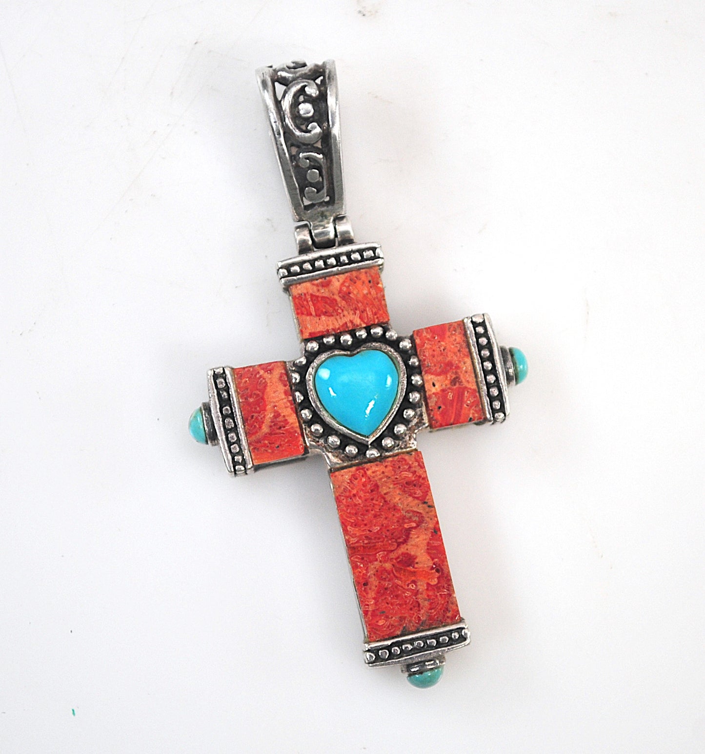 Sterling Silver Coral Turquoise Mother of Pearl Reversible Cross Pendant