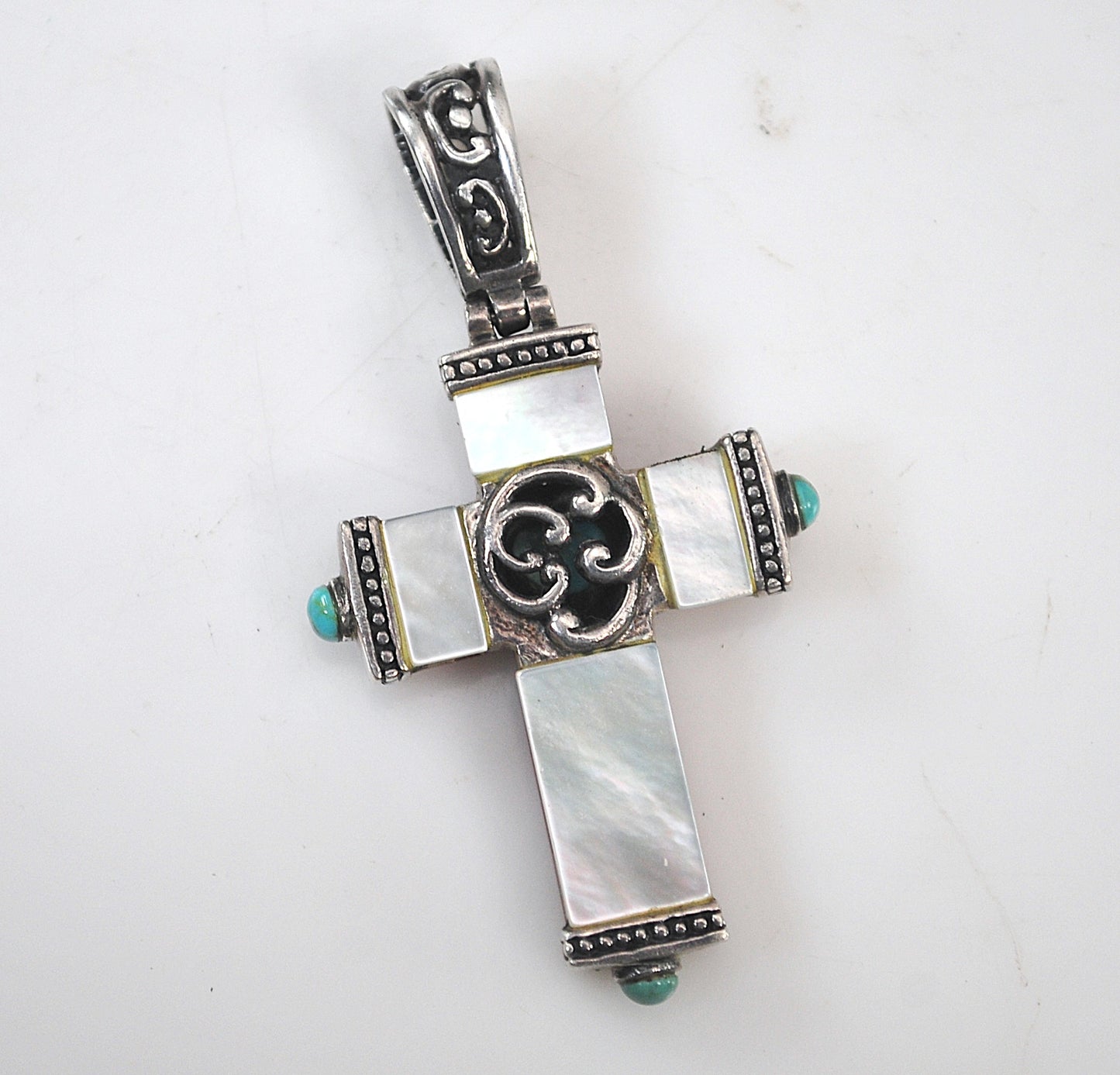 Sterling Silver Coral Turquoise Mother of Pearl Reversible Cross Pendant