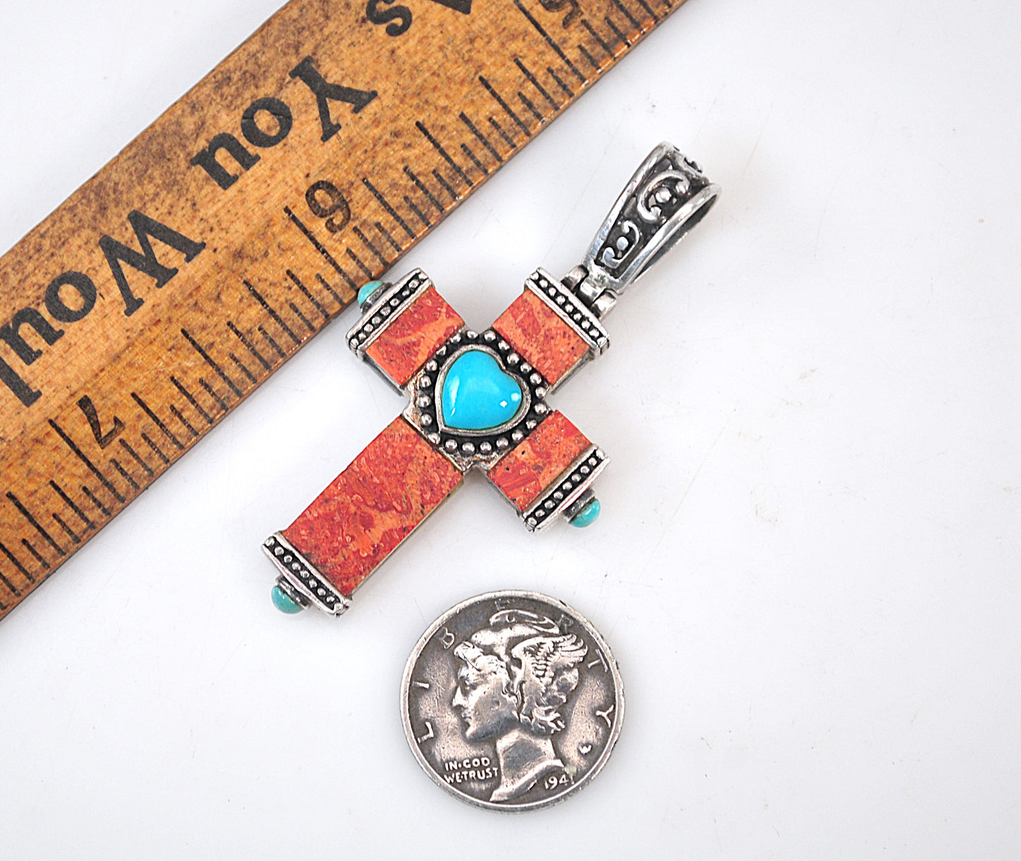 Sterling Silver Coral Turquoise Mother of Pearl Reversible Cross Pendant
