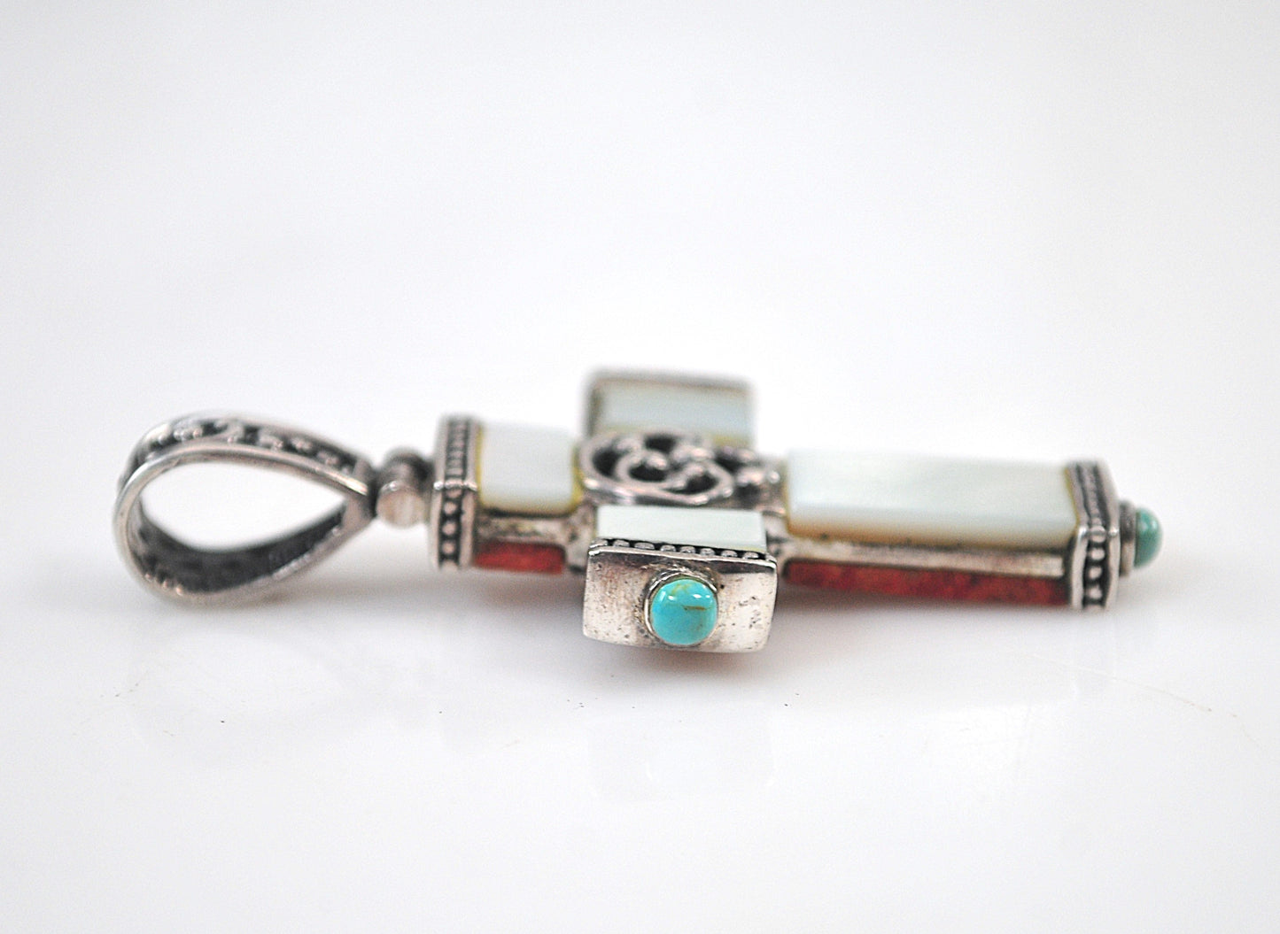 Sterling Silver Coral Turquoise Mother of Pearl Reversible Cross Pendant