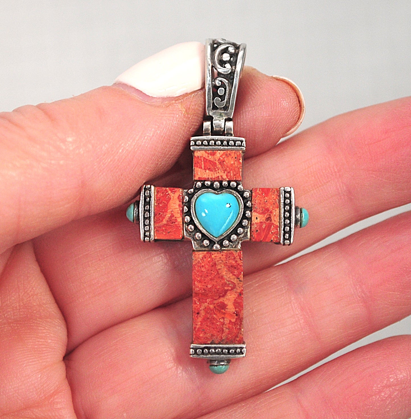 Sterling Silver Coral Turquoise Mother of Pearl Reversible Cross Pendant