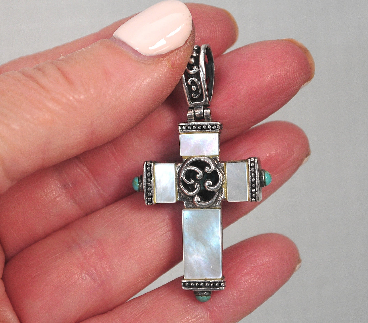 Sterling Silver Coral Turquoise Mother of Pearl Reversible Cross Pendant