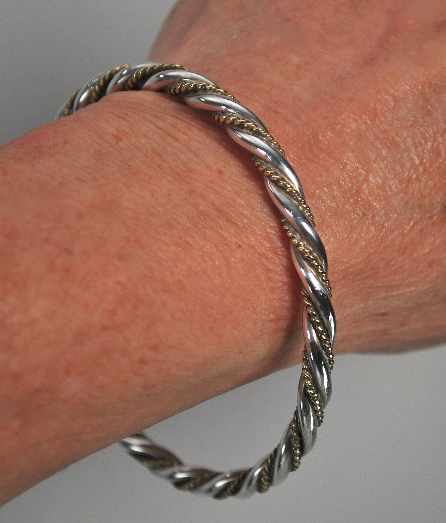Vintage Taxco Sterling Silver Brass Twist Bangle Bracelet