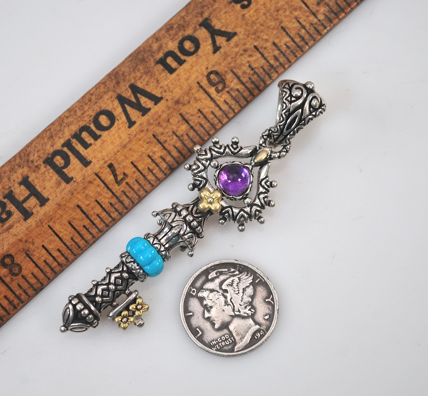 Barbara Bixby Sterling Silver 18K Gold Amethyst Turquoise Key Enhancer Pendant