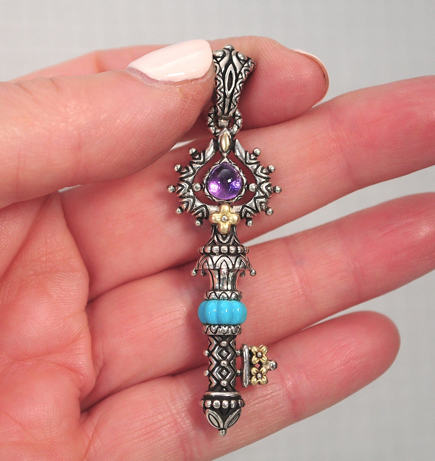 Barbara Bixby Sterling Silver 18K Gold Amethyst Turquoise Key Enhancer Pendant