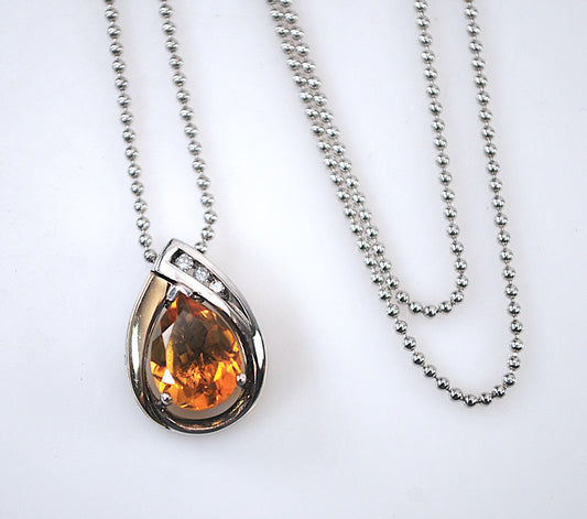 Signed Sterling Silver 14K Gold Citrine Diamond Pendant Necklace