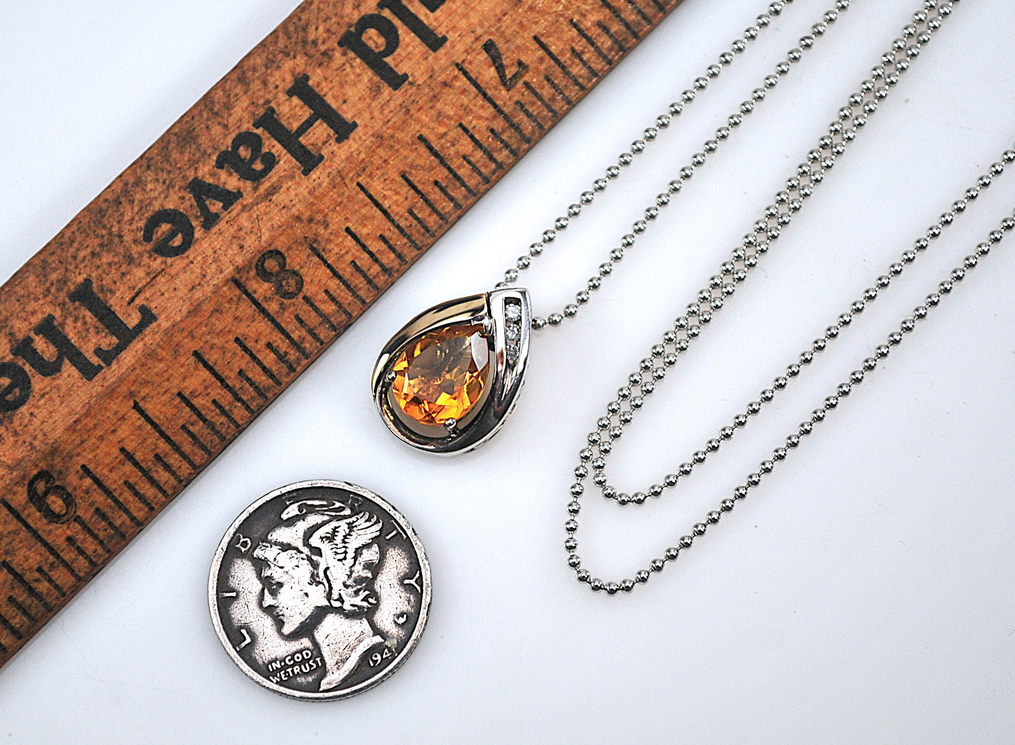 Signed Sterling Silver 14K Gold Citrine Diamond Pendant Necklace